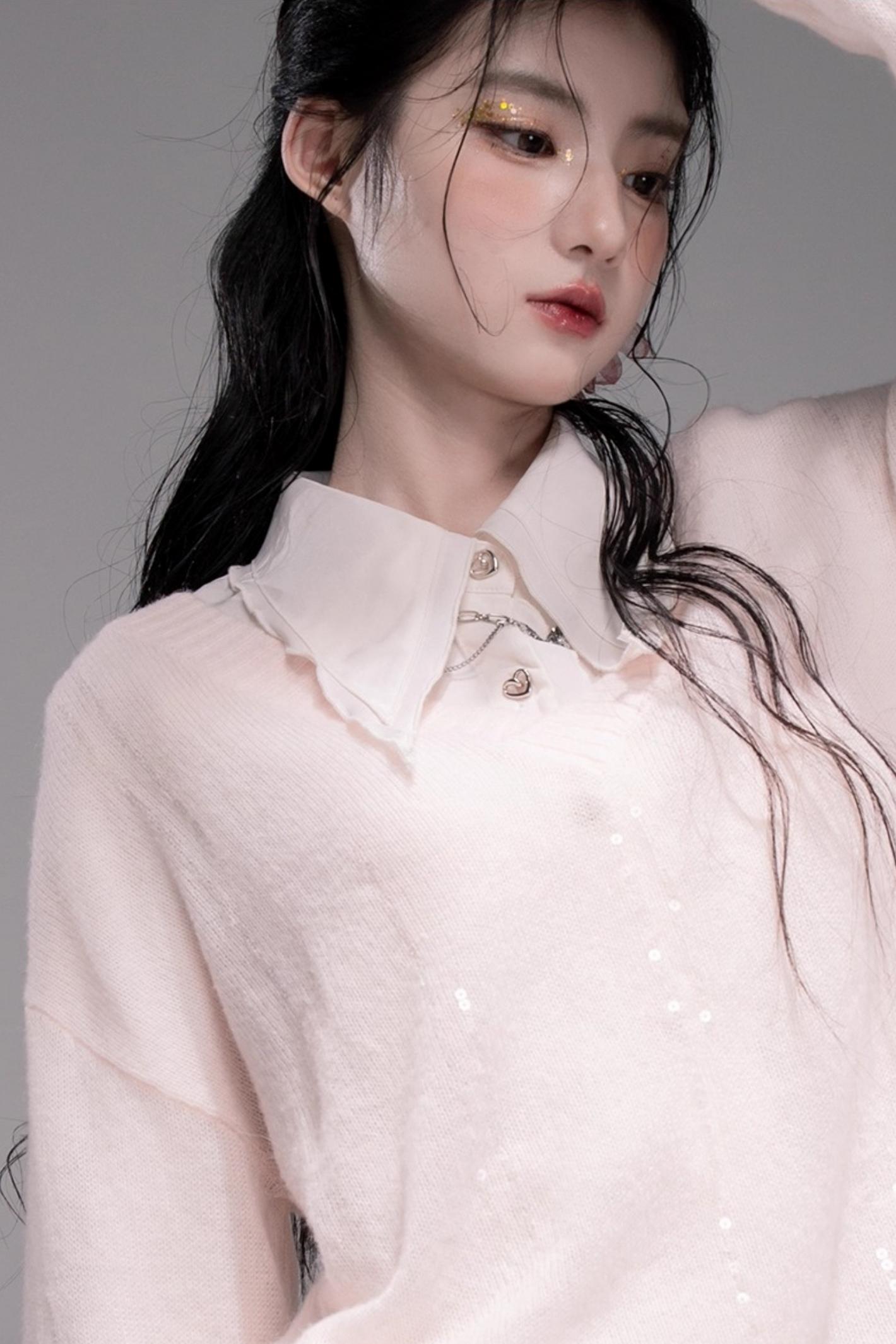 별 핑크 V넥 스웨터