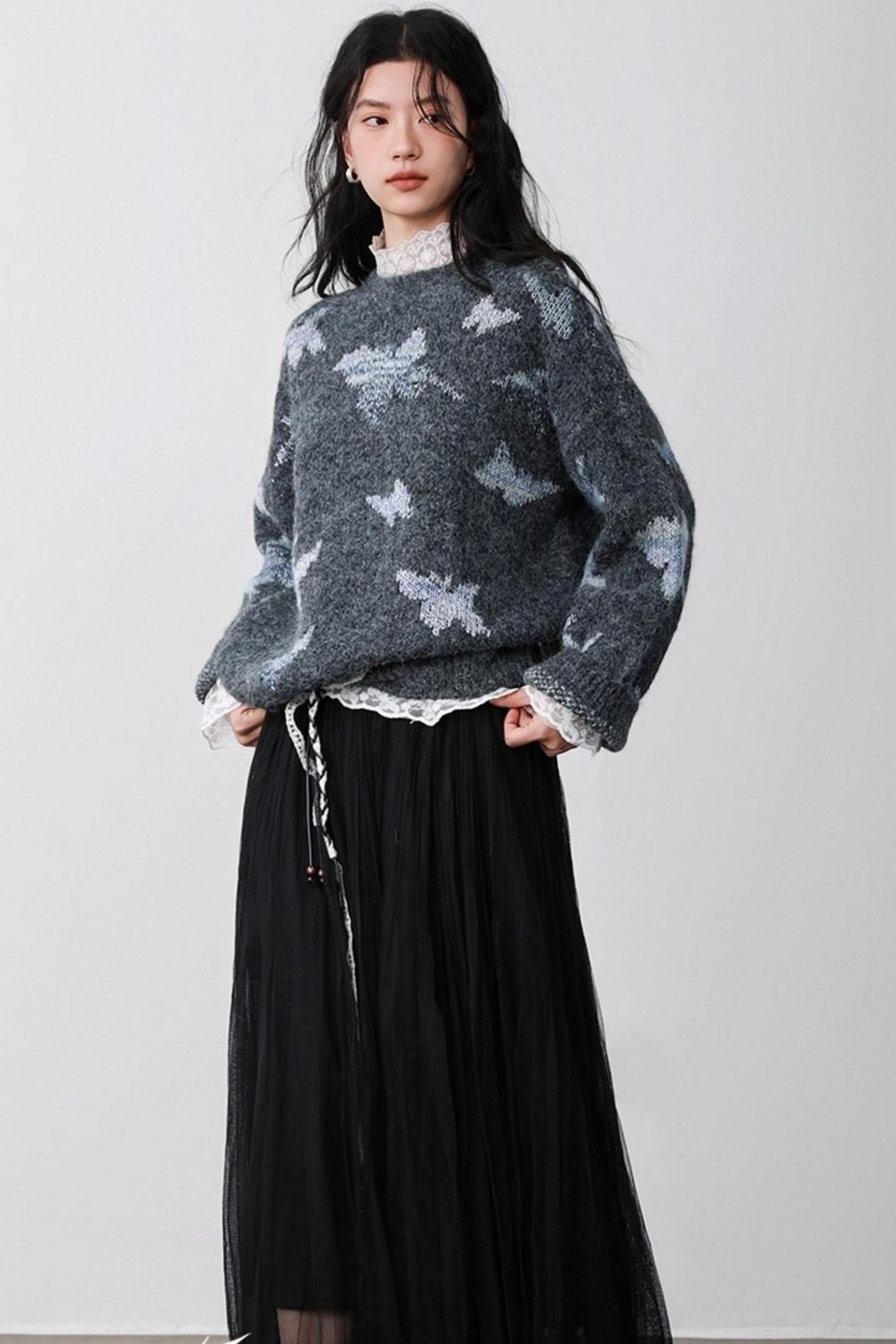 Gray Butterfly Hollow Sweater