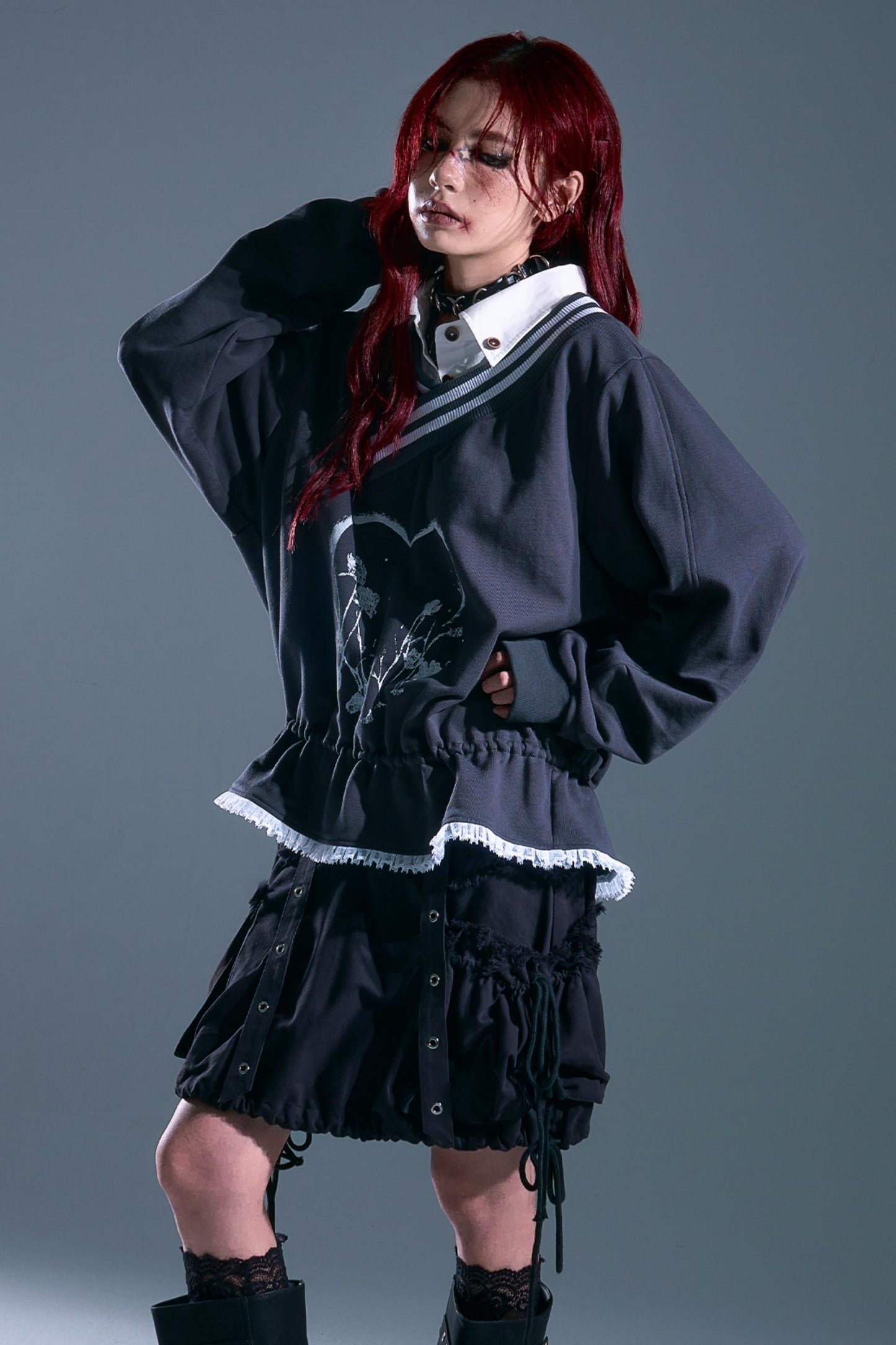 Vintage Punk Asymmetry Lace Sweatshirt