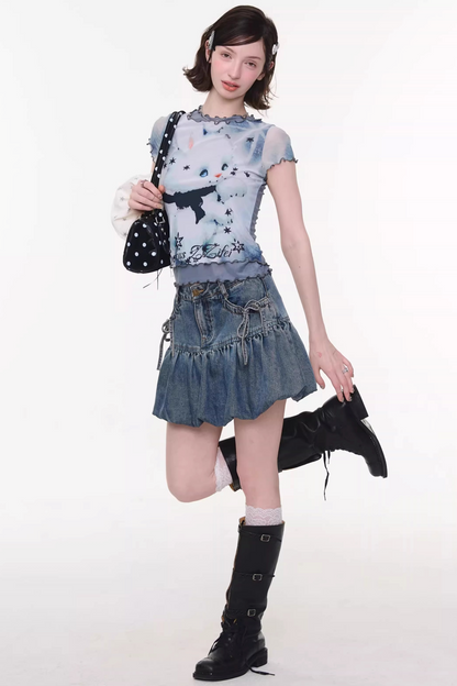 Mesh Plaid Cat Print Top