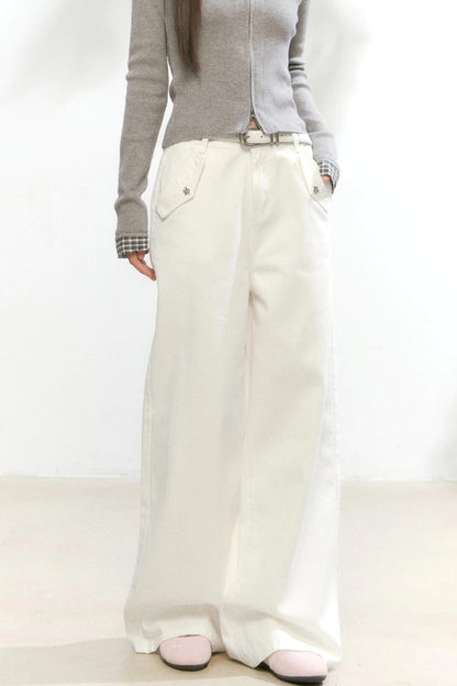 Small Flower Pocket White Jeans