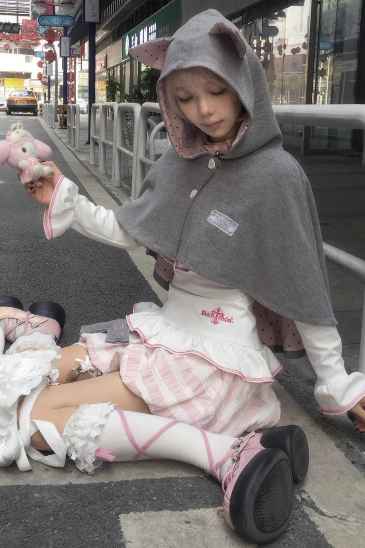 Cute Gray-Pink Cat Ears Hooded Coat