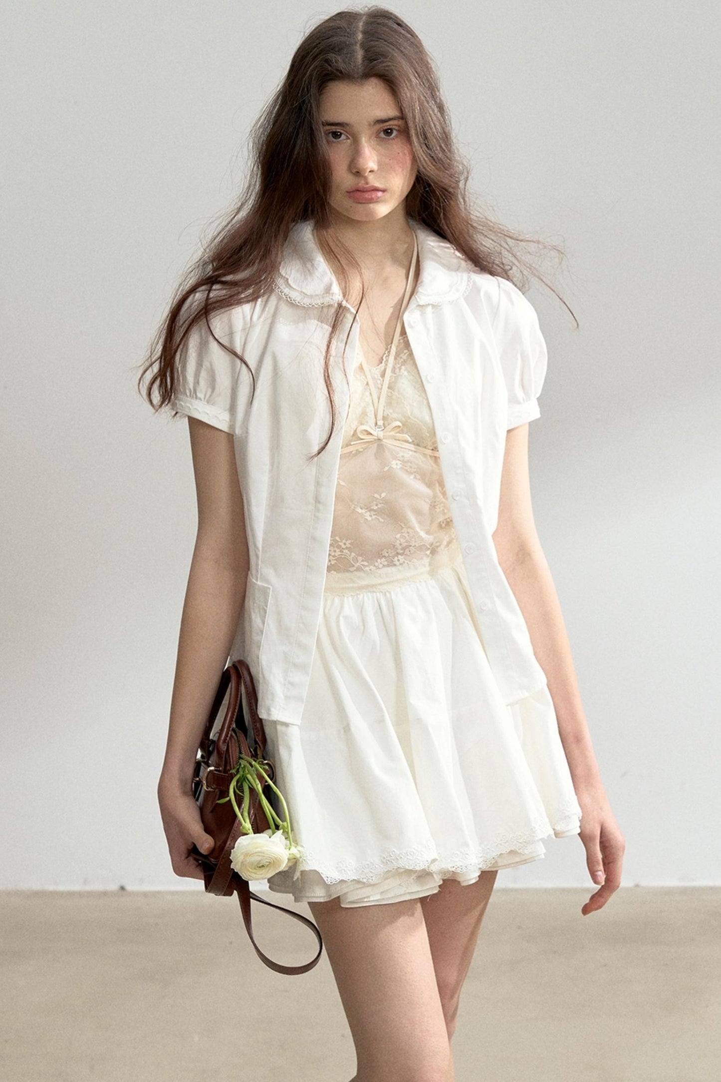 Lace-Collared Cotton Blouse Set-Up