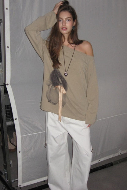 Khaki Bow knot Off-Shoulder T-Shirt