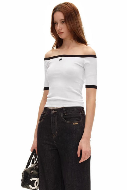 Off-Shoulder Contrast Knit Top