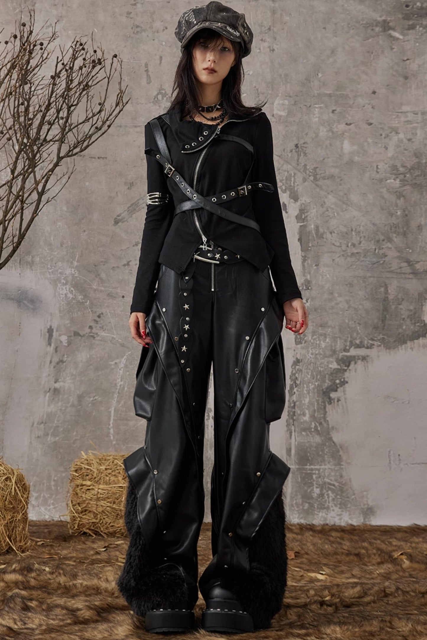 Autumn Punk Wide-Leg Leather Pants