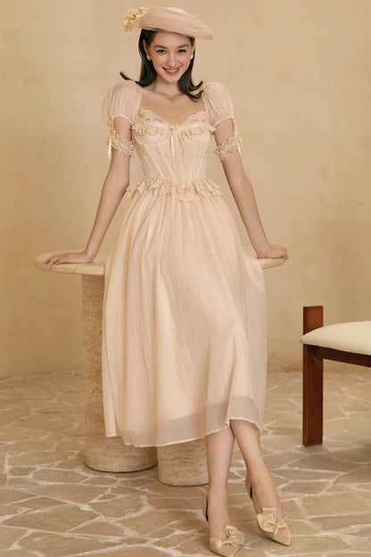 French Champagne Lace Corset Dress Set