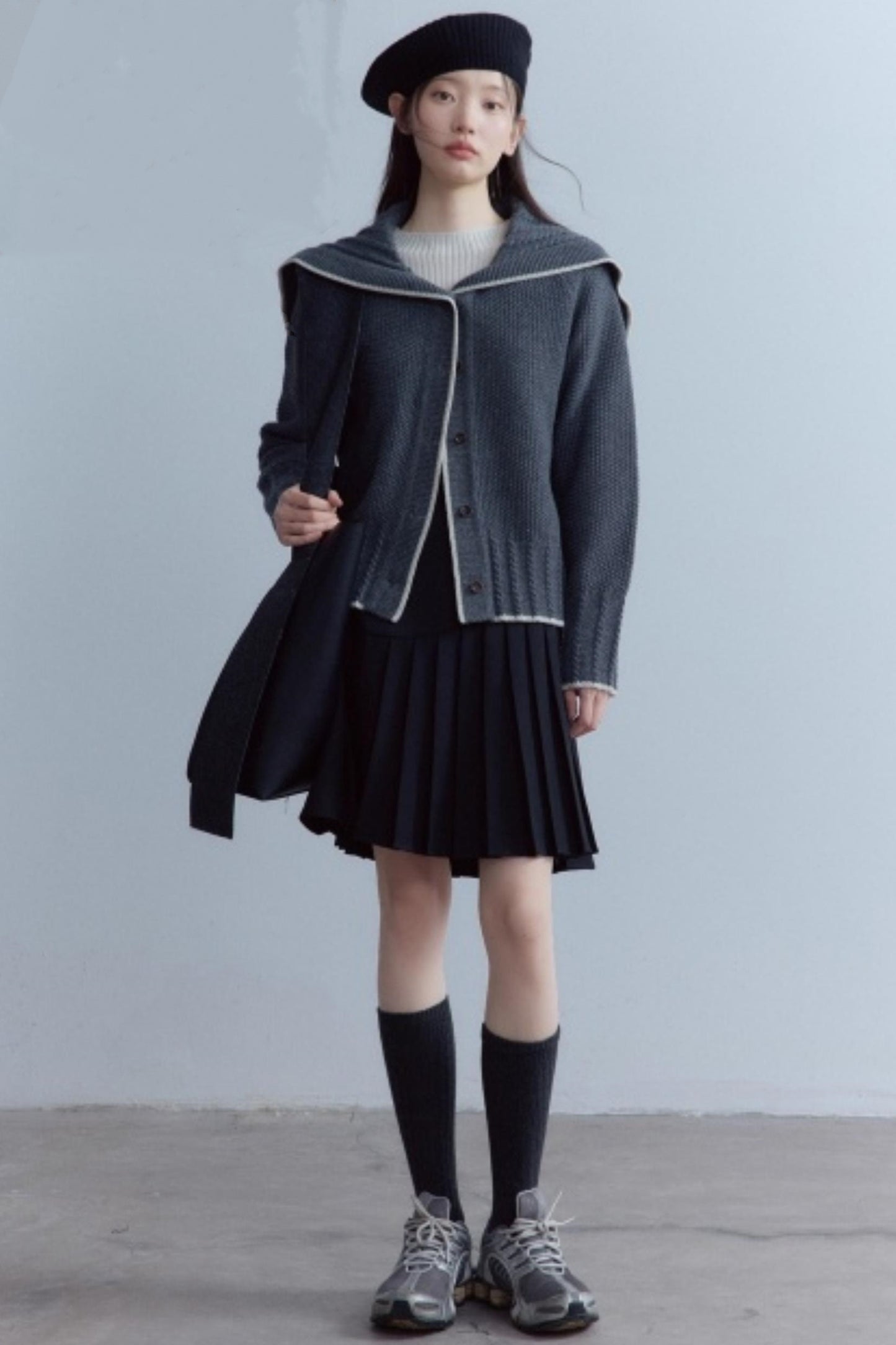 Navy Collar Twisted Rope Woolen Cardigan