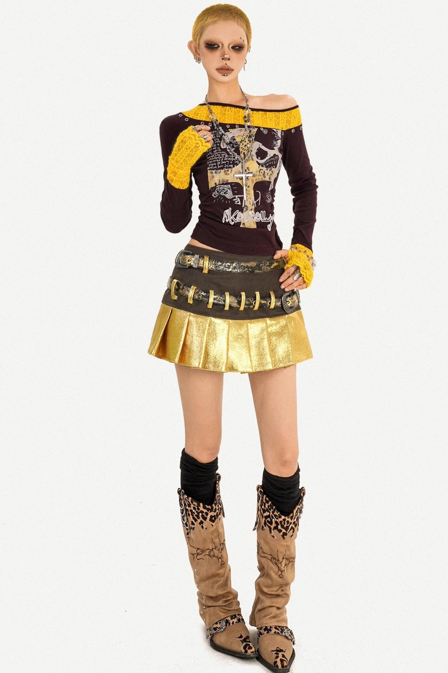 Gold Patchwork Pleated Skirt