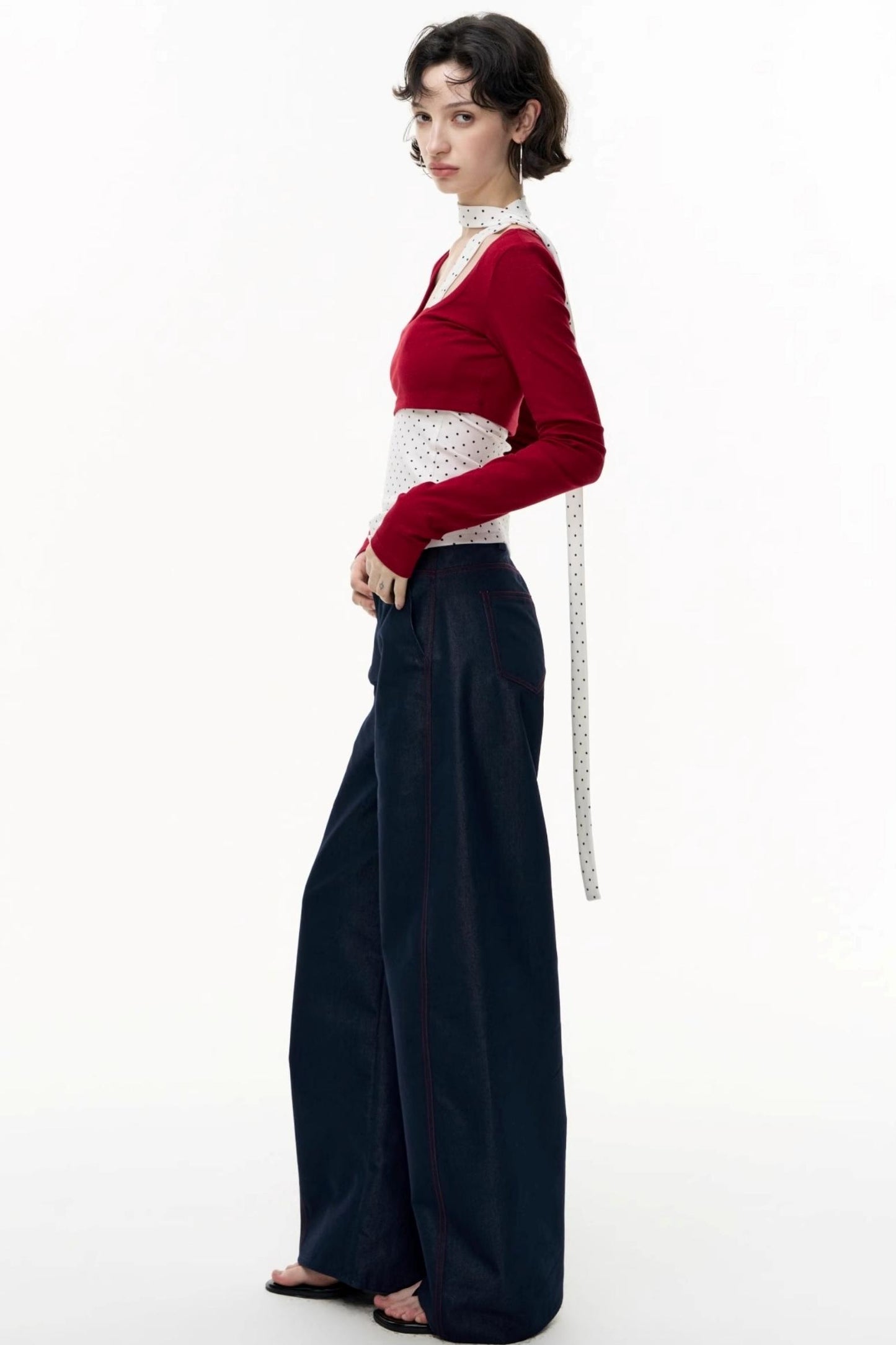 Contrast Long-Sleeved Top With Bandeau Set