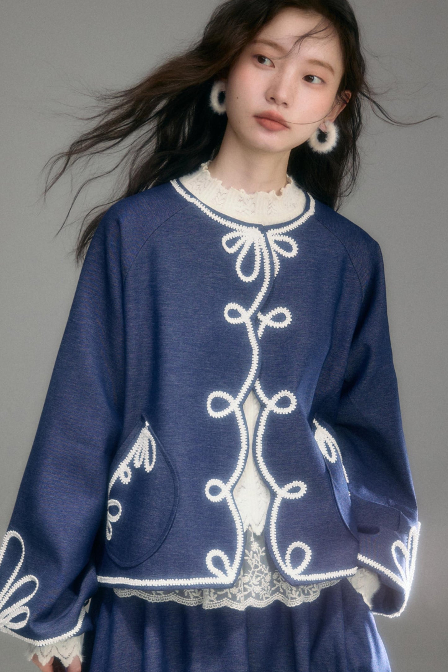 Vintage Embroidery Denim Cardigan Pants Set-Up