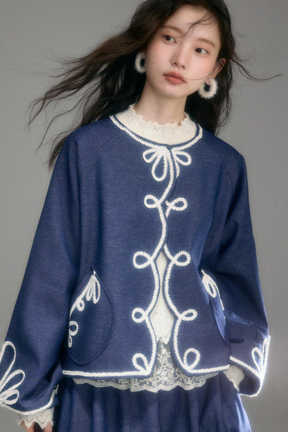 Vintage Embroidery Denim Cardigan Pants Set-Up