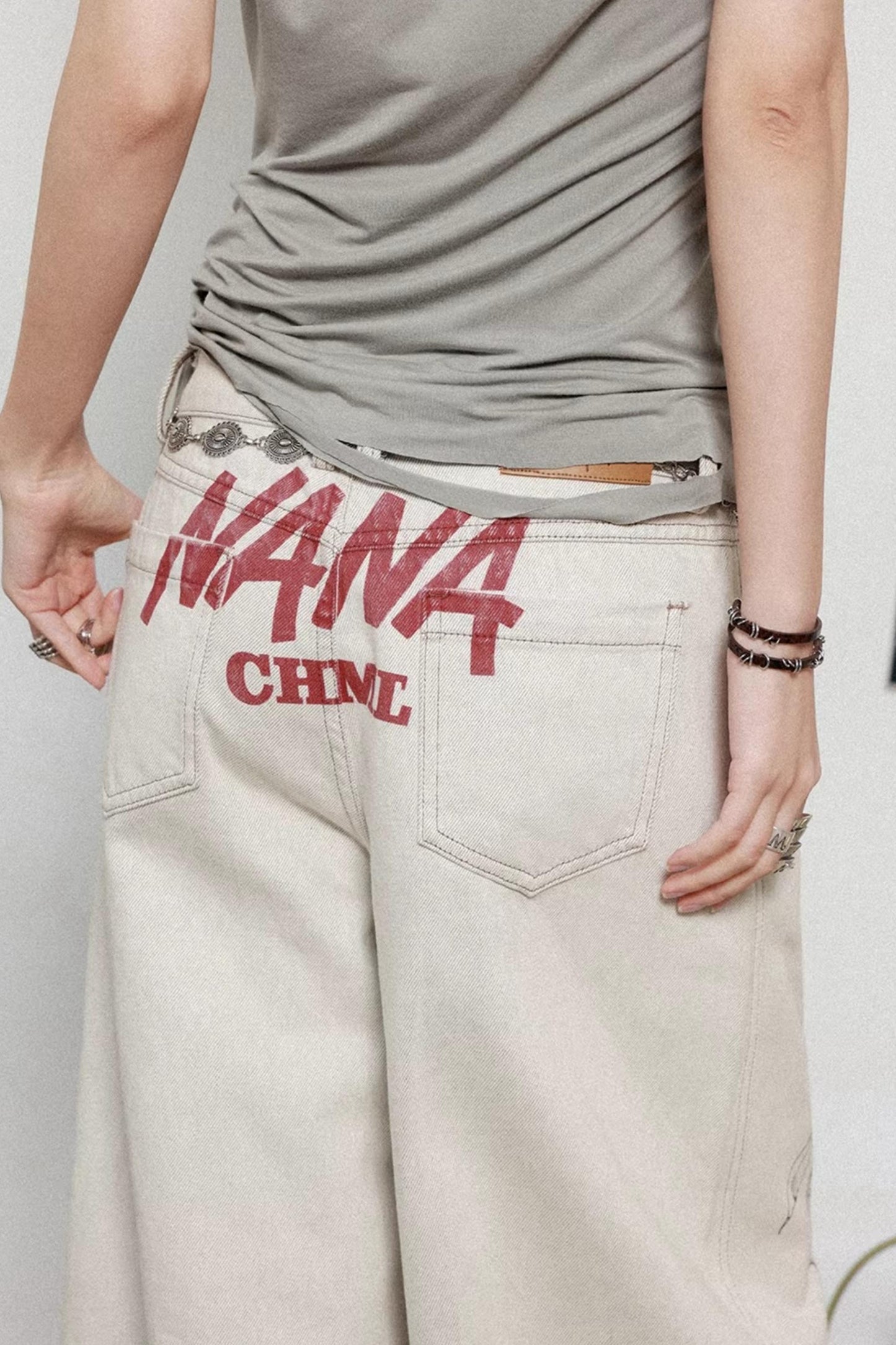 Printed Denim Scimitar Pants