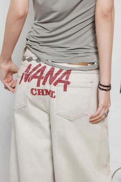 Printed Denim Scimitar Pants