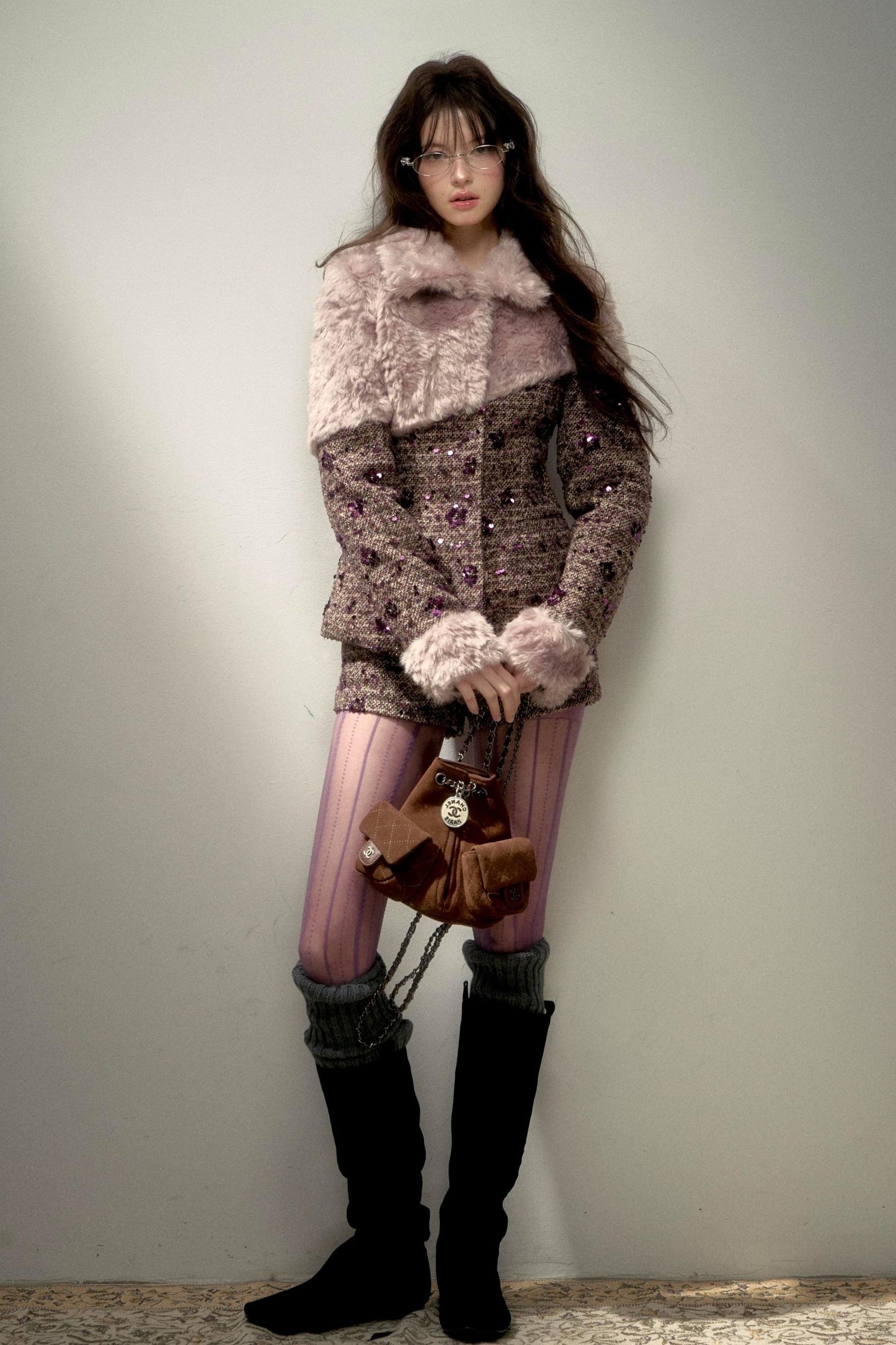 Retro Chic Purple Sequin Tweed Suit Set-Up