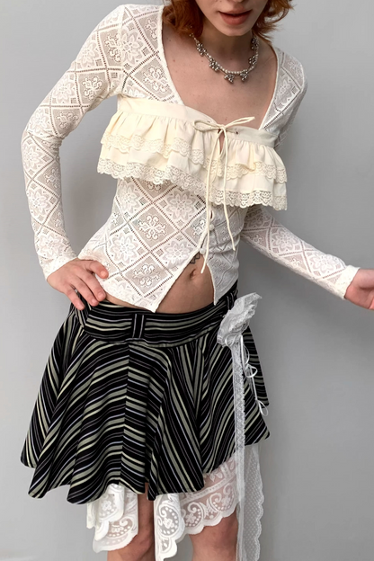Beige, transparent Strickjacke mit Spitze
