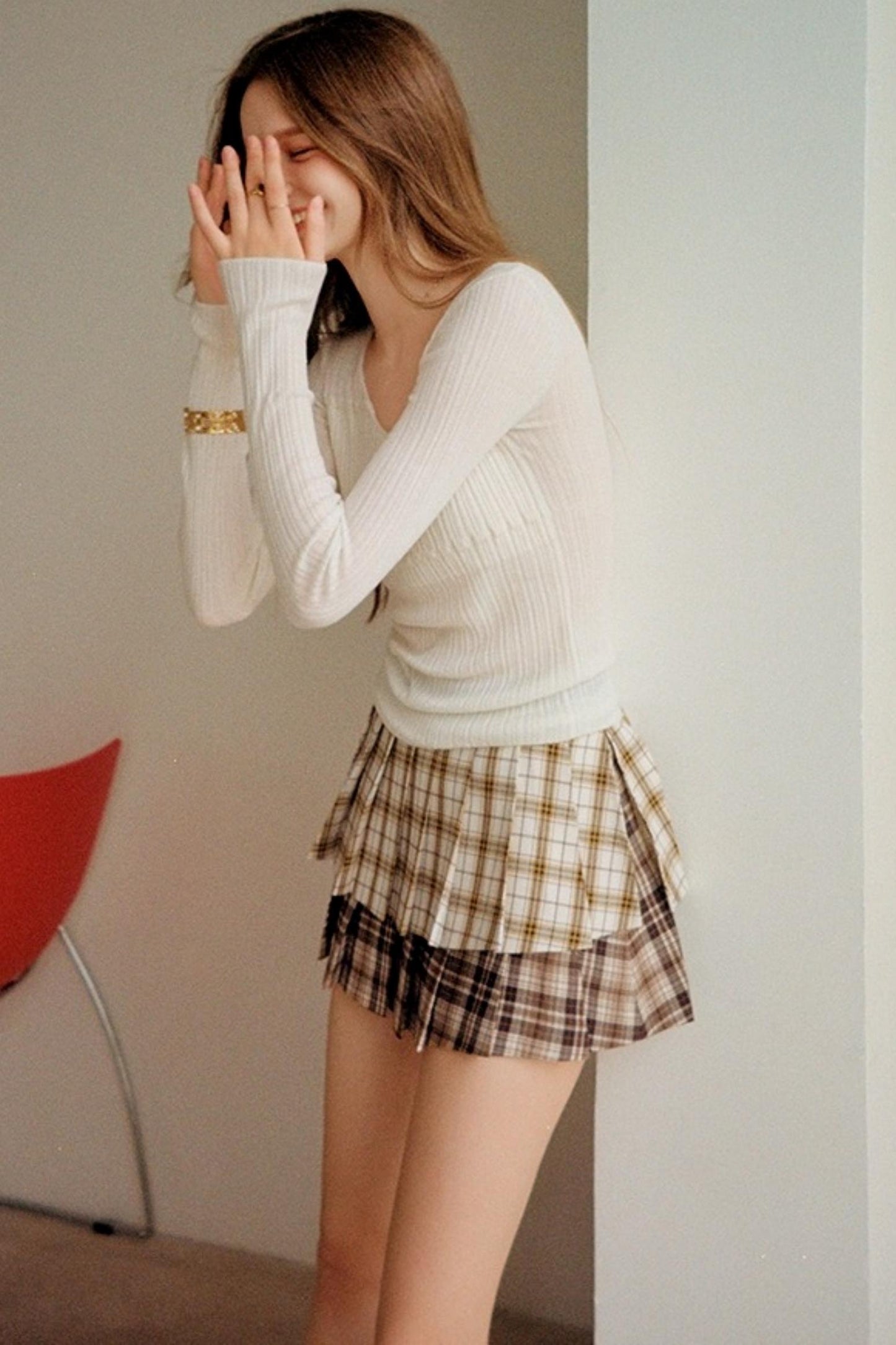 Plaid Splicing Pleated Skirt