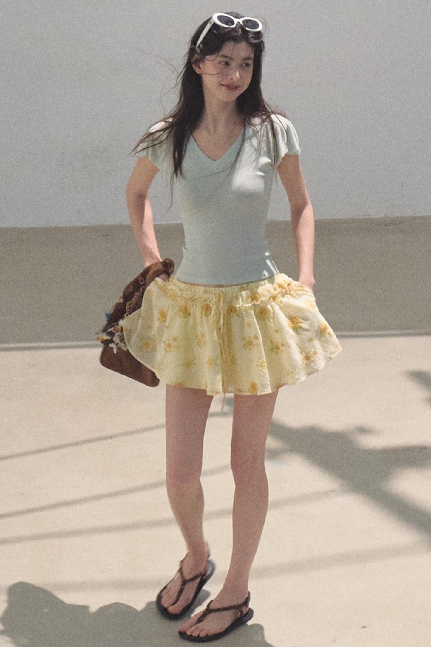 Green Apples Sleeve V-Neck Skinny Top