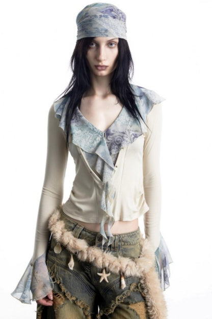 Lyocell Ruffled V-neck Pullover Top