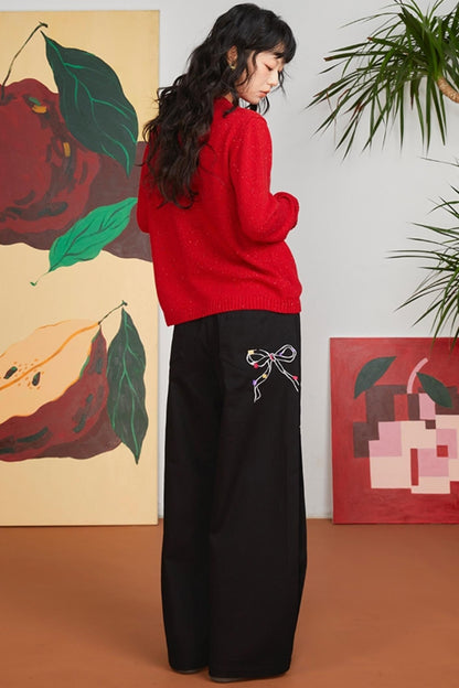 Loose Fit Bow Embroidery Pants