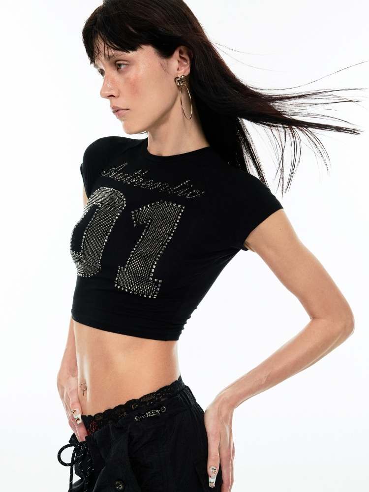 Rhinestone Numbers Cropped Tee