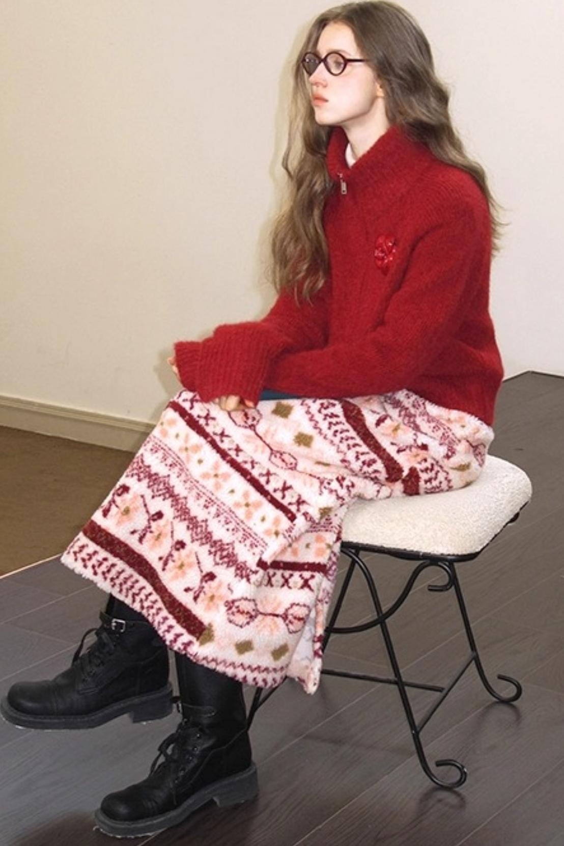 Berry Peach Retro Fleece Vest Jacket Skirt Set-Up