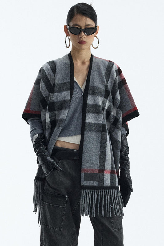 Wool Blend Plaid Cape Cardigan