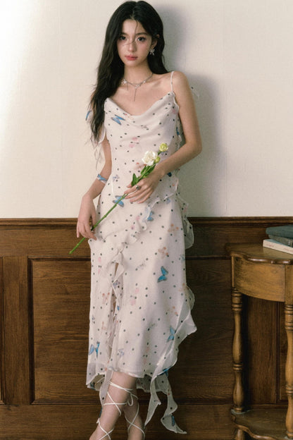 Butterfly Floral Halter Chiffon Maxi Dress