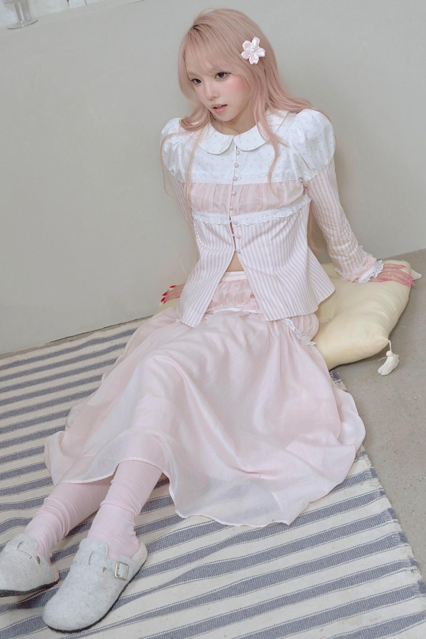 Doll Collar Stripe Lace Top