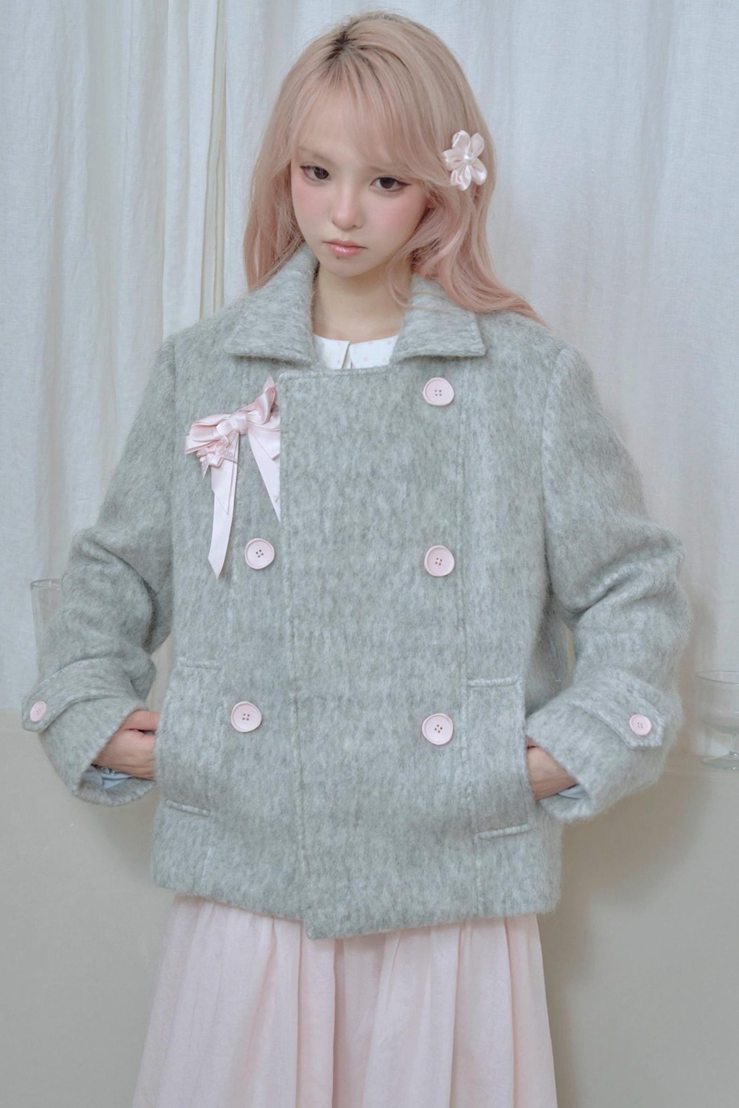 Light Grey Water Ripple Woolen Coat