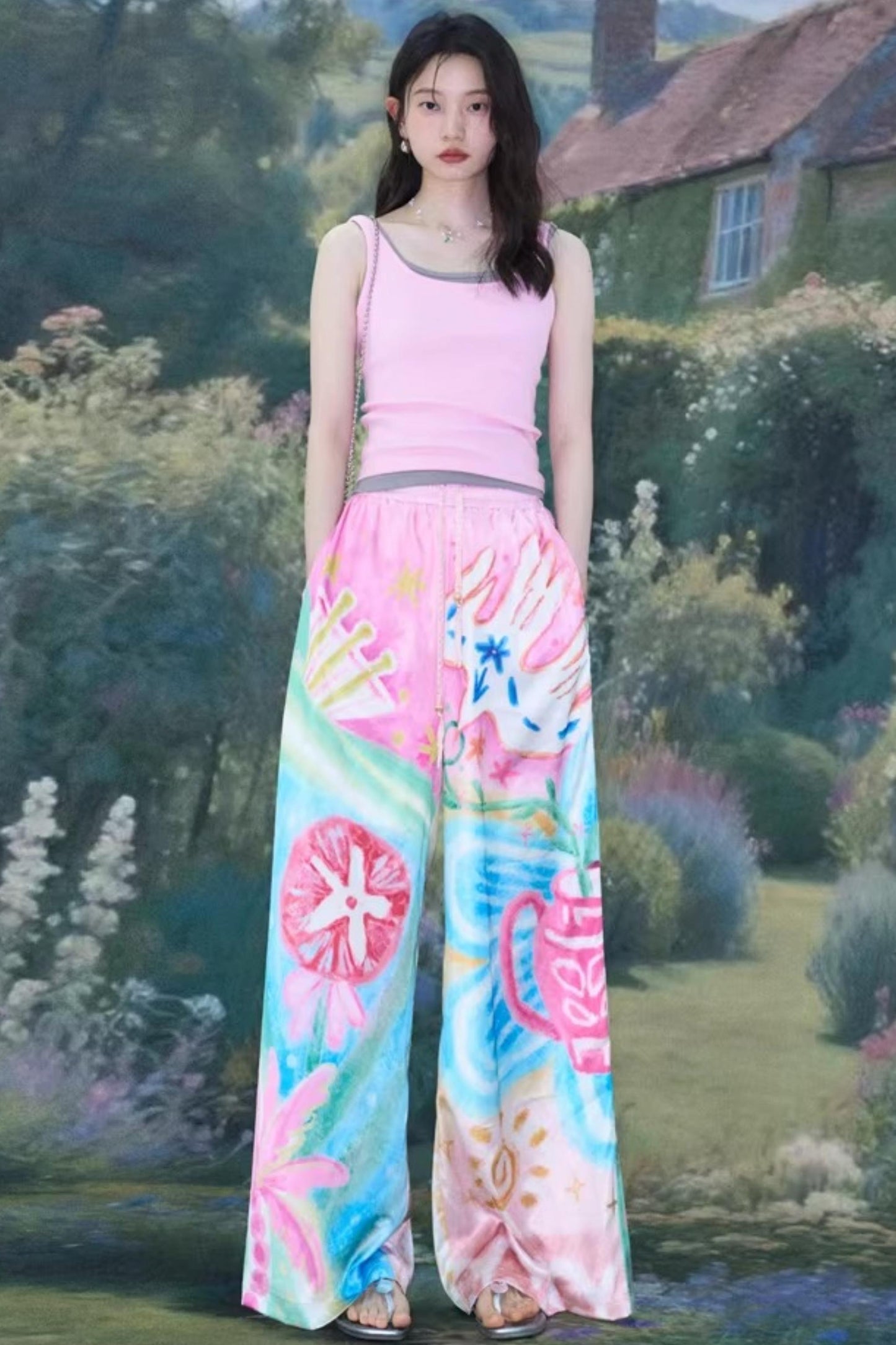 Bird and Floral Wide-Leg Pants