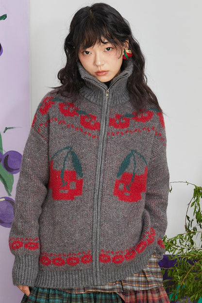 Retro Cherry Jacquard Wool Cardigan