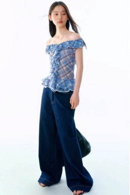 Plaid Ruffle V-Neck Top