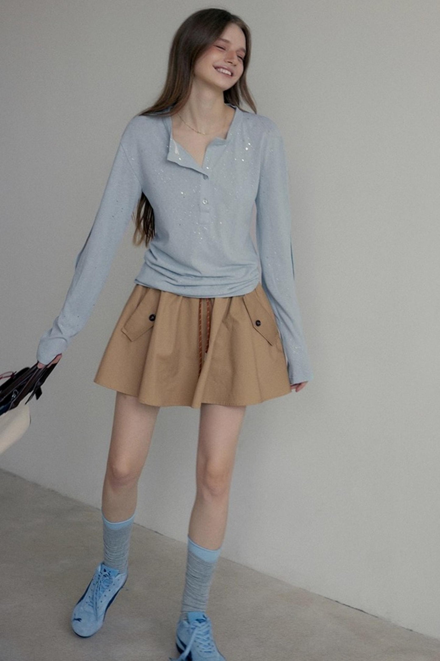 Henry Collar Design Loose Sequin T-shirt