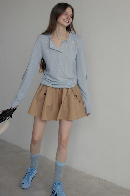 Henry Collar Design Loose Sequin T-shirt