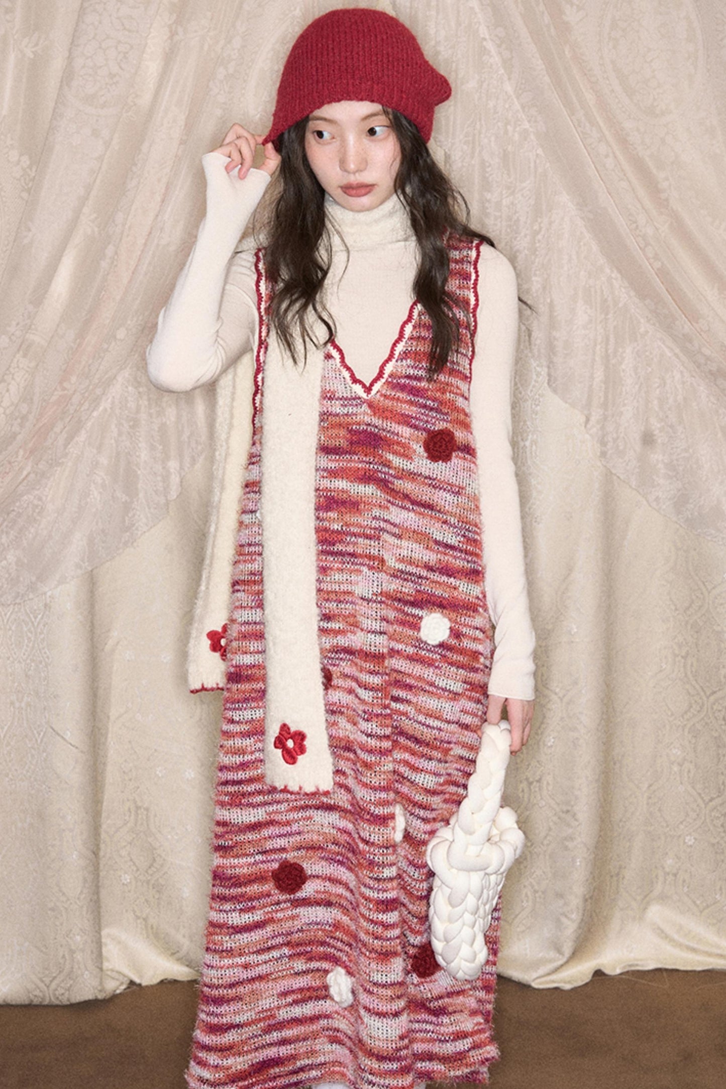 Red Vintage Crochet V-Neck Vest Dress