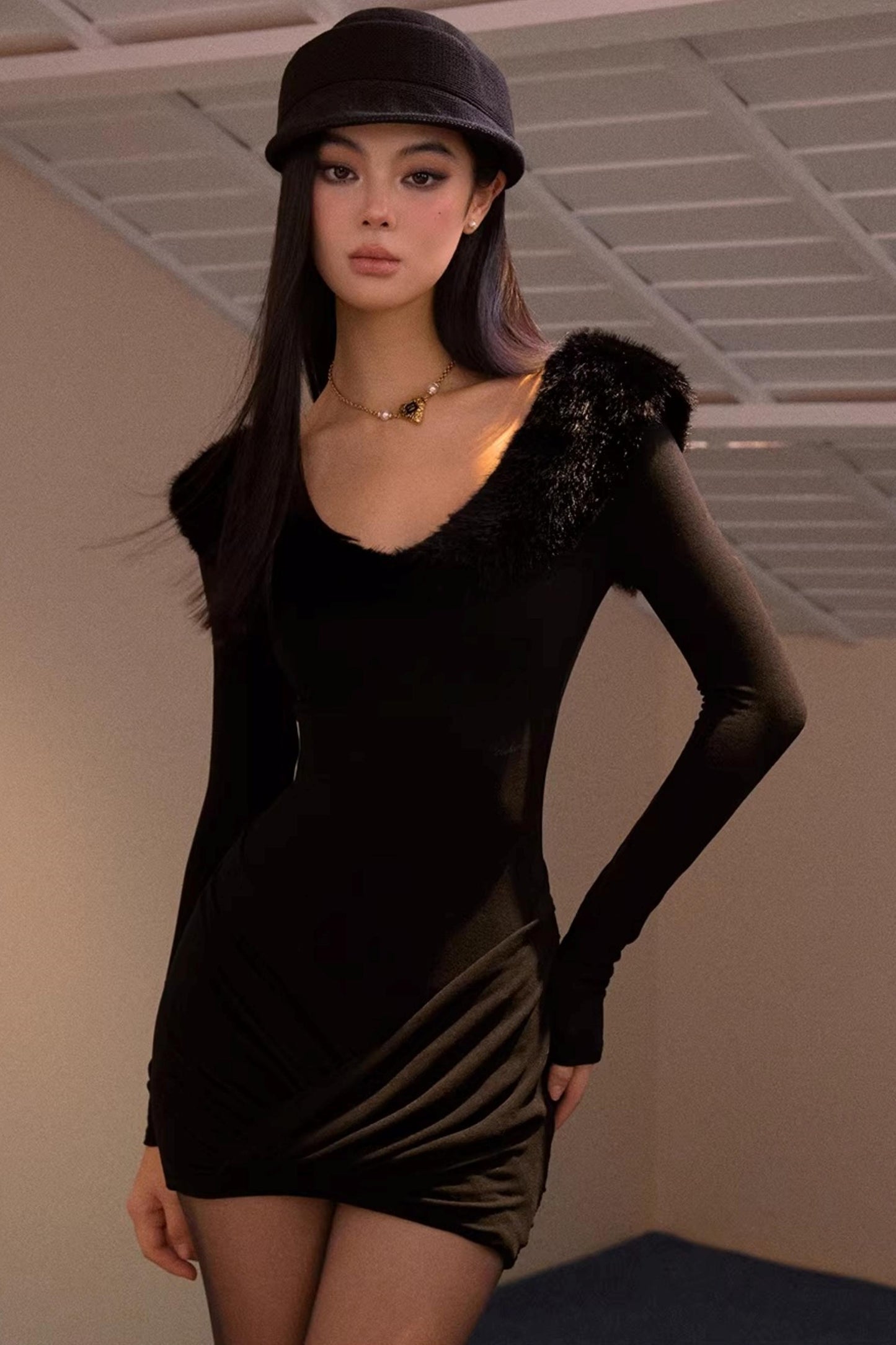 Furry V-Neck Slim Dress