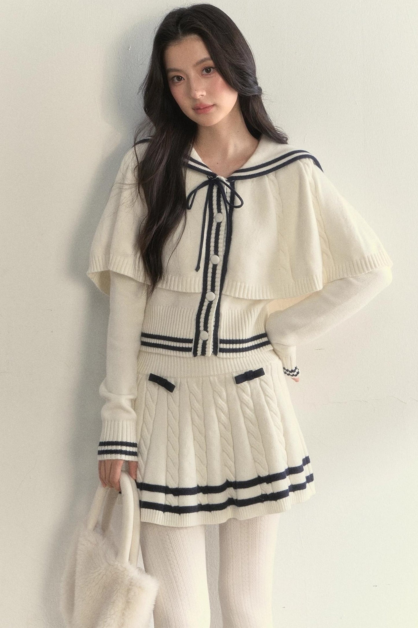 Vintage Navy Twist-Knit Cape Sweater Set-Up