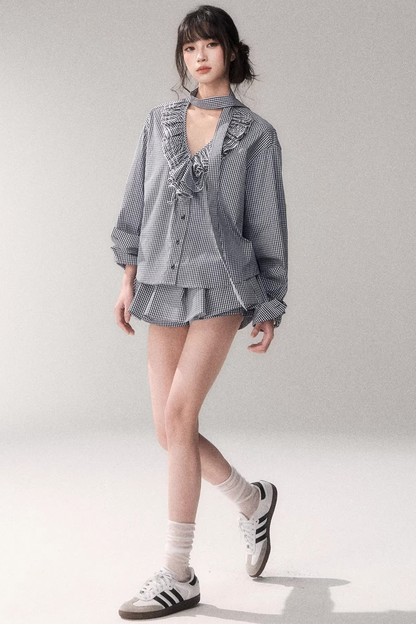 Blue Check Lace Blouse Set-Up