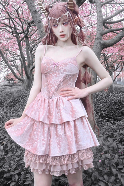 Gothic Lotus Root Pink Strap Dress Set-Up