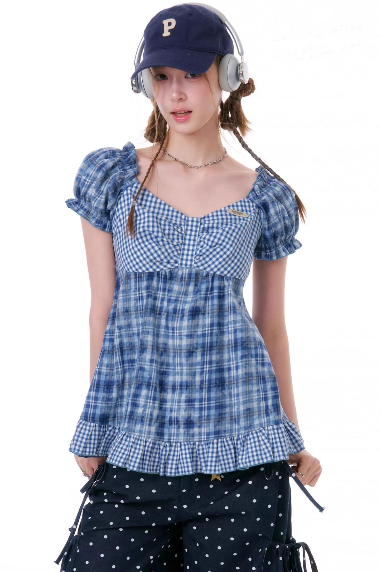 Checkered Plaid Puff Sleeve T-Shirt