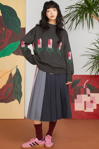 Jacquard Tulip Wool Knit Pullover