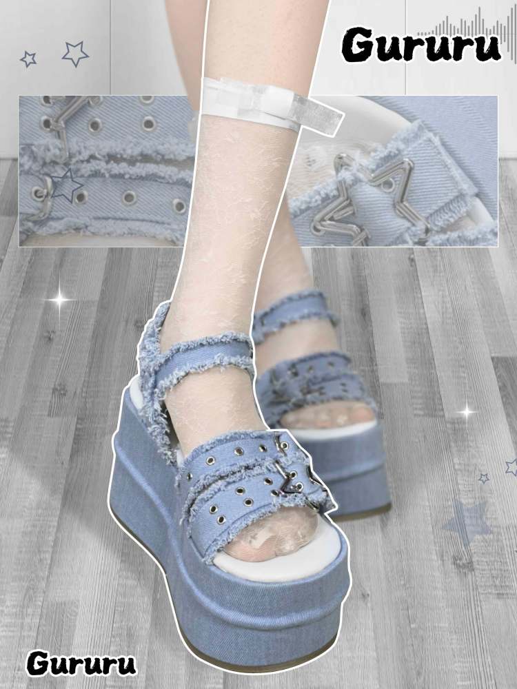 Y2K Punk Star Denim Eyelet Belt Super Thick Sole Sandals