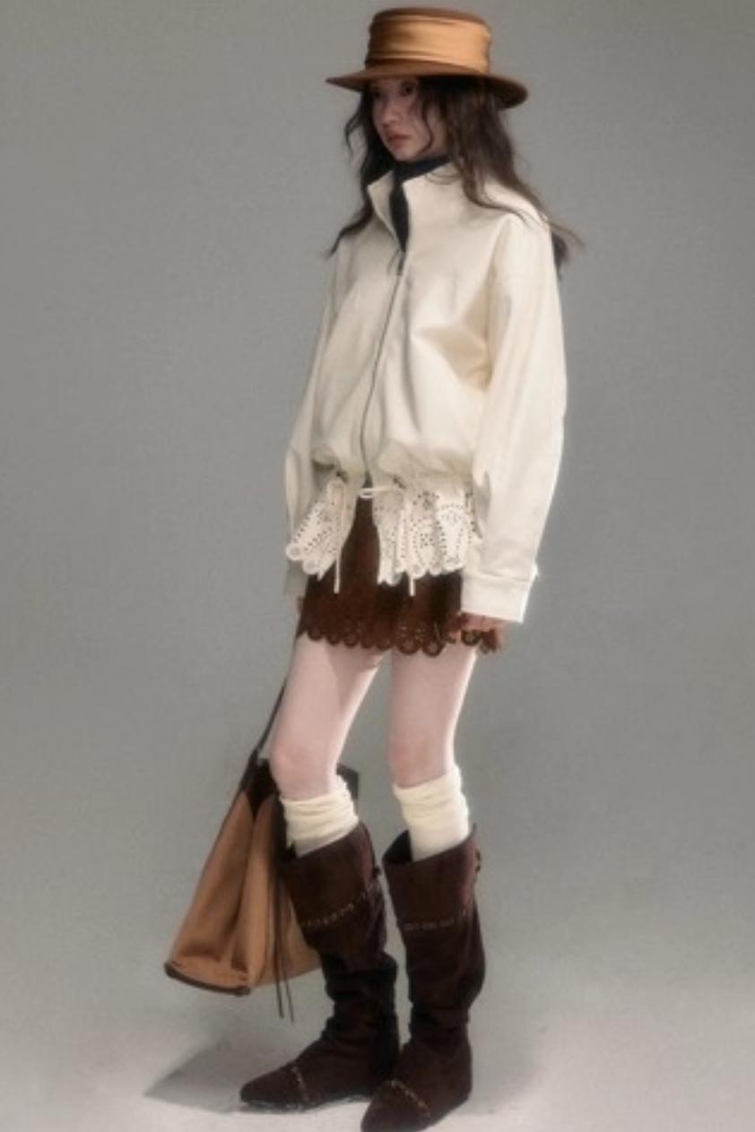 Hollow-Out Floral Leather Jacket