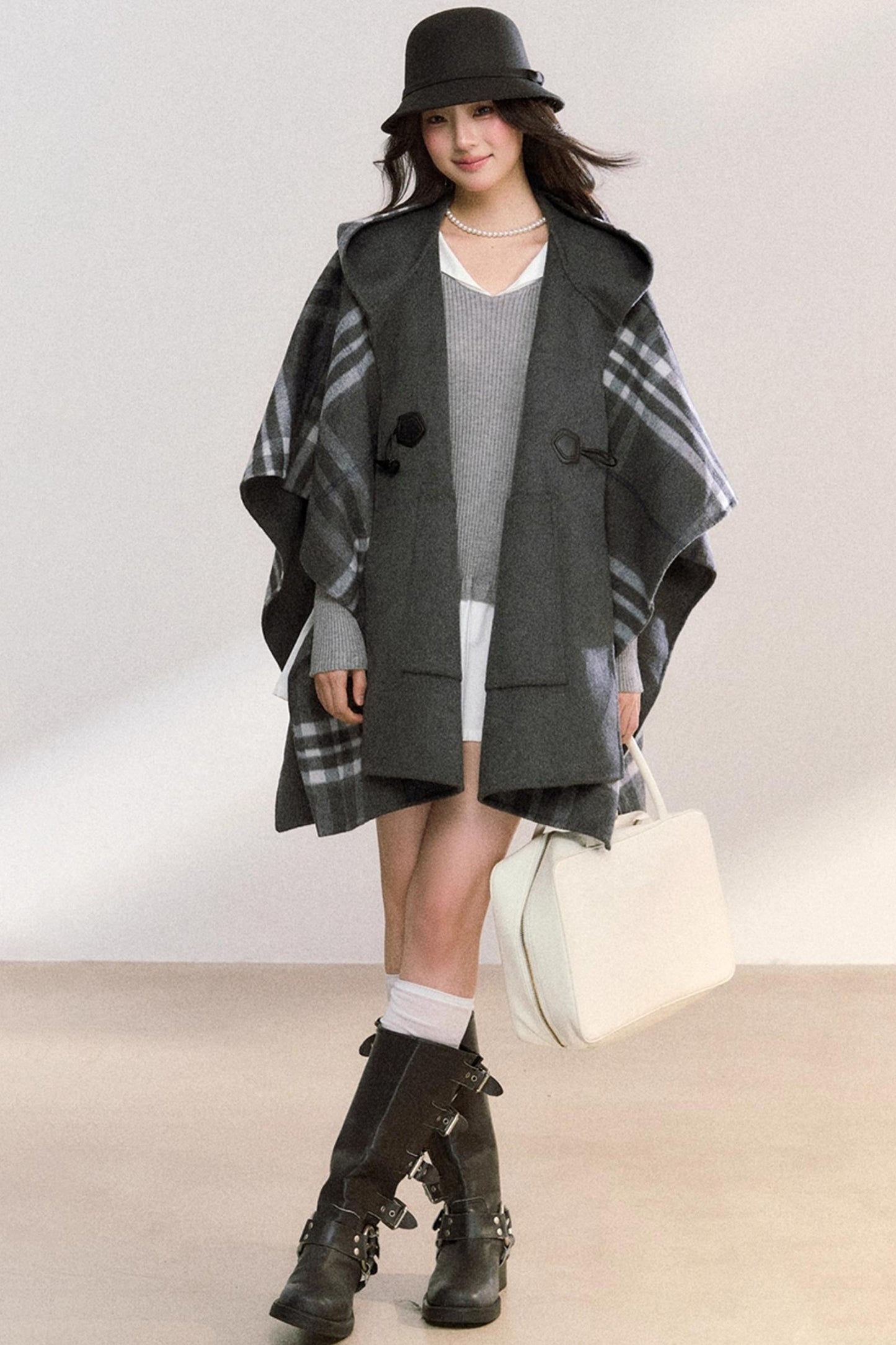 Gray Plaid Reversible Wool Cape Coat