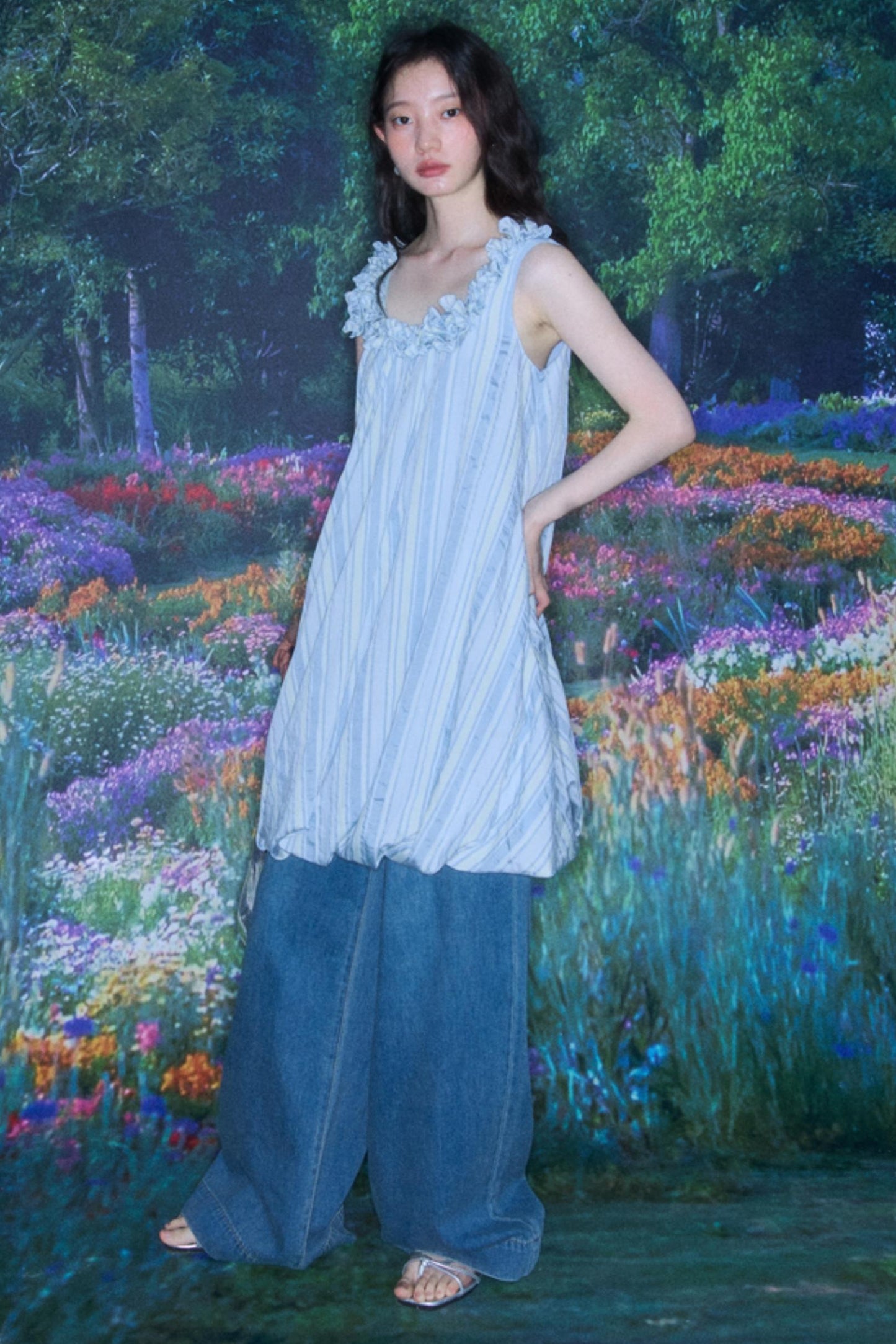 Blue Jellyfish Embroidered Striped Vest Dress