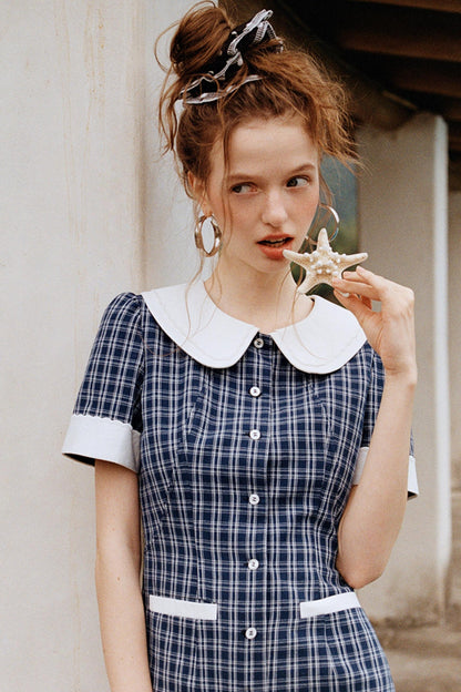 Navy A-Line Doll Neck Dress