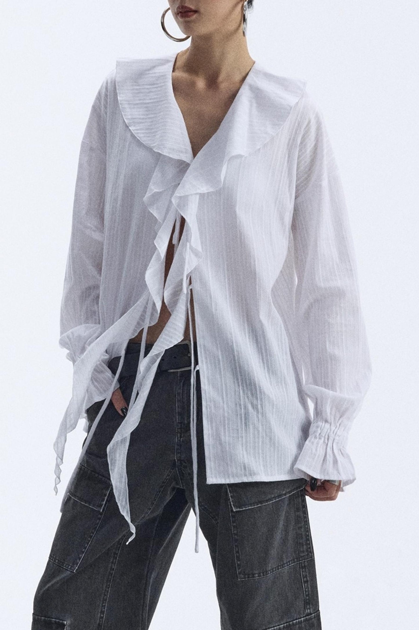 Winter White Ruffled V-Neck Shirt