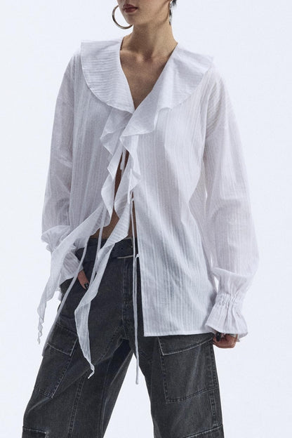 Winter White Ruffled V-Neck Shirt