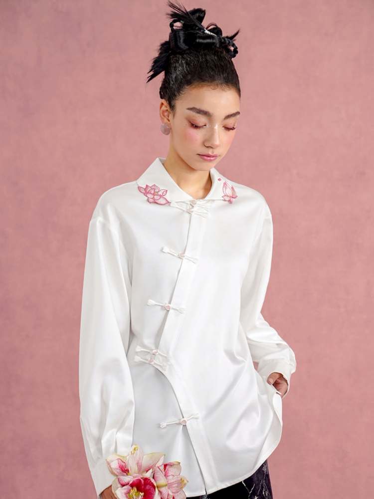 Lotus Flower Embroidery Chinese Blouse